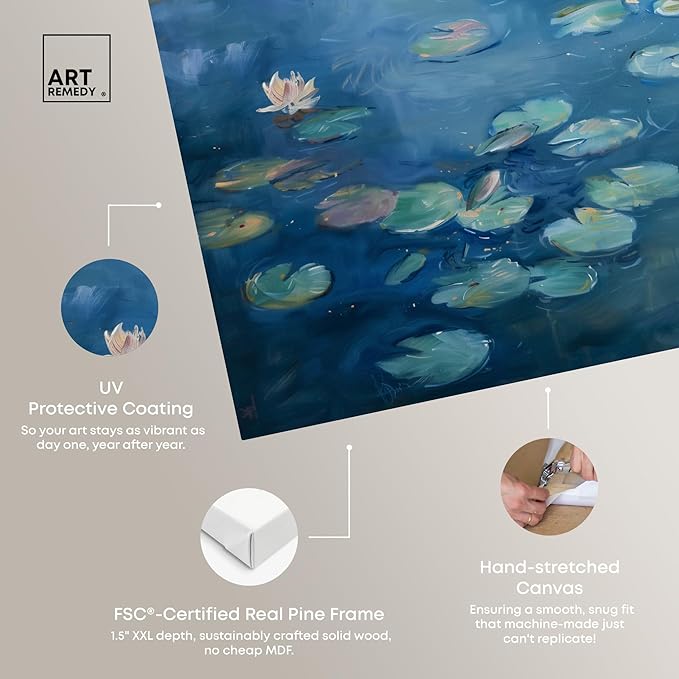 Art Remedy Lilypads In Blues Gallery Wrapped Impressionism 1 Piece Canvas Wall Art/Monet And Van Gogh Inspired Art, 16" x 24", Gallery Wrapped