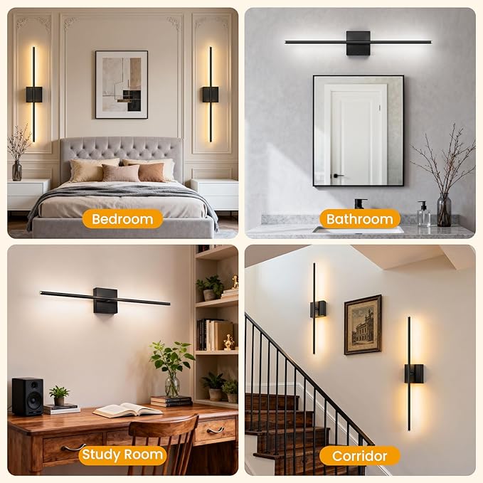ZZXX Hardwire Wall Sconce Set of 2, 100-240V Wall Lights with Remote Control, Bathroom Wall Lamp for Living Room Bedroom Mirror Cabinet Porch Decor 350°Horizontal Rotation 28 inch