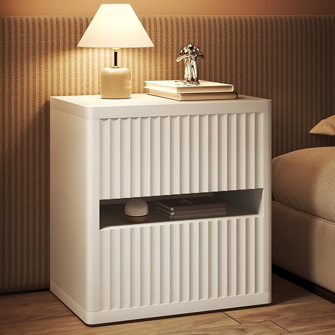 Dripex Fluted Nightstand Set of 2, 22'' Wide Night Stand with 2 Large Drawers, Mid Century Modern Wood Bedside Table with Open Shelf, Large Bed Side End Table for Bedroom, White