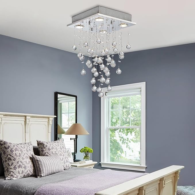 Bestier Chrome Modern Crystal Square Raindrop Chandelier Lighting Flush Mount LED Ceiling Light Fixture Pendant Lamp for Dining Room Bathroom Bedroom Livingroom 4 GU10 Bulbs Required 12" Wide 20" High