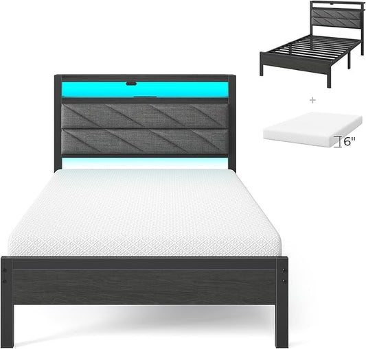 Seventable Twin Bed Frame with 6 Inch Gel Memory Foam Mattress, LED Metal Platform Bed with USB Charging & Storage Headboard, Grey, CertiPUR-US Certified Mattress