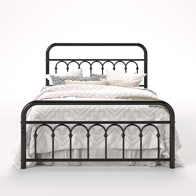 Allewie 14 Inches Full Size Metal Platform Bed Frame with Victorian Style Curved Iron-Art Headboard/Footboard, Metal Slats Support, Easy Assembly, Under Bed Storage, No Box Spring Required, Black