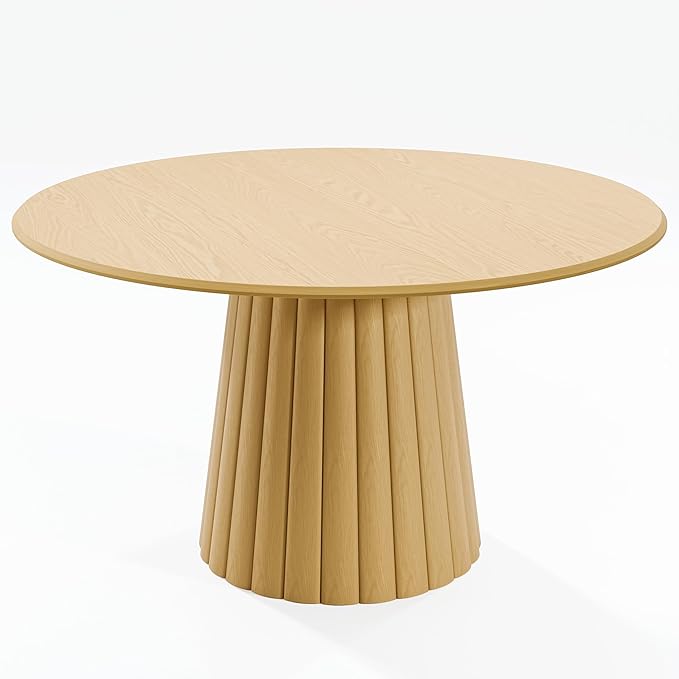 Casaphoria 52" Round Dining Table, Modern Wood Kitchen Table with Cone Shaped Strip Convex Base for Living Room & Dining Room, Easy Assembly Farmhouse Furniture for 4-6, Oak