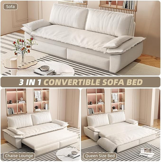 3-in-1 Convertible Sofa Bed Queen Size Pull Out Sleeper Sofa with Heavy Duty Metal Frame, Luxurious Velvet Upholstered Loveseat with 2 Pillows, Modern Folding Guest Bed for Living Room, Apartment