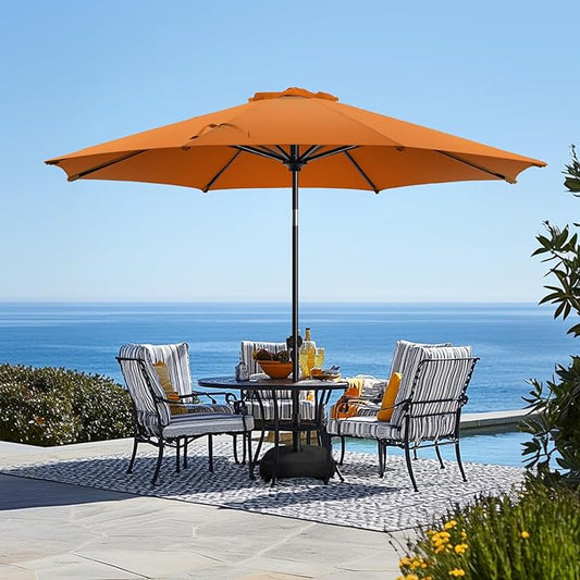 wikiwiki 9FT Patio Umbrella with Base, Outdoor Umbrellas with Base Included, 8 Sturdy Ribs, Waterproof Fade Resistant POLYESTER DTY Canopy for Deck, Lawn, Garden, Backyard & Pool, Orange