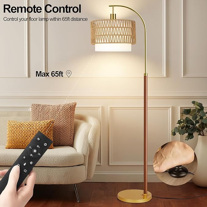 Boho Floor Lamps for Living Room Wood Floor Lamp with Remote Control,Dimmable Rattan Floor Lamps Wicker Lamp Shades Black Standing Lamp with 3 Color Temperature Tall Floor Lamp For Bedroom Corner