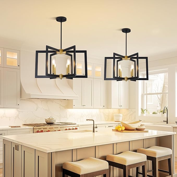 21.6" Black and Gold Chandelier,6-Light Geometric Dining Room Fixture,Modern Industrial Foyer Lighting Fixtures,Rustic Farmhouse Hanging Pendant Lights for Living Room,Bedroom,Entryway,Kitchen Island
