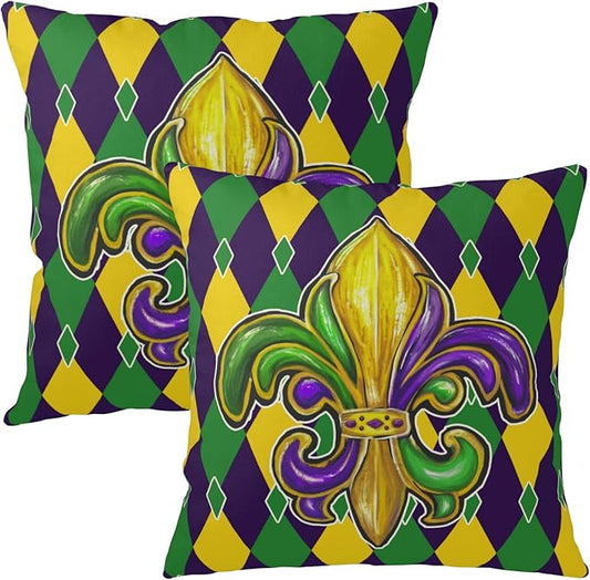 Mardi Gras Pillow Covers 22x22 Set of 2 Purple Gold Green Fleur De Lis Outdoor Throw Pillow Covers Holiday Farmhouse Cushion Covers for Home Sofa Couch Party Decor