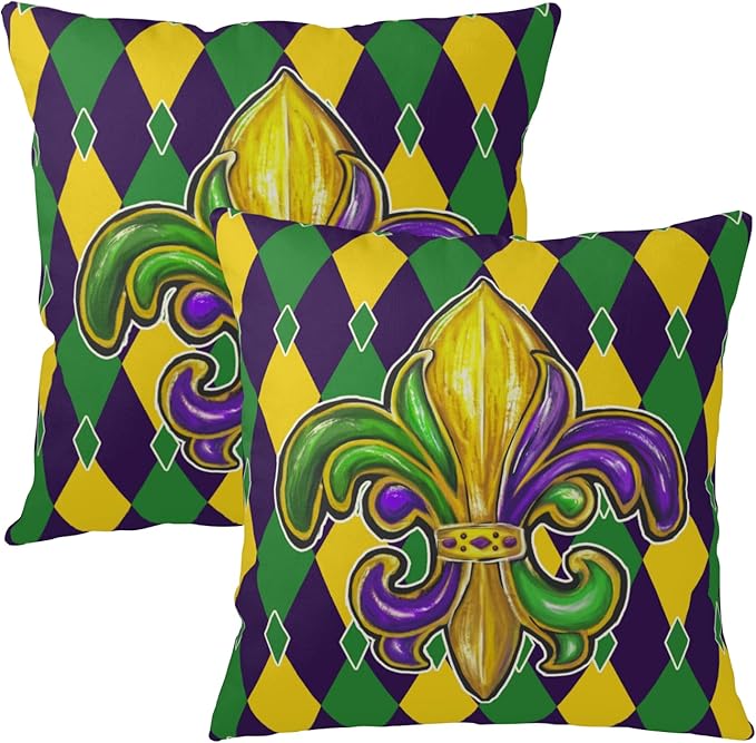 Mardi Gras Pillow Covers 24x24 Set of 2 Purple Gold Green Fleur De Lis Outdoor Throw Pillow Covers Holiday Farmhouse Cushion Covers for Home Sofa Couch Party Decor