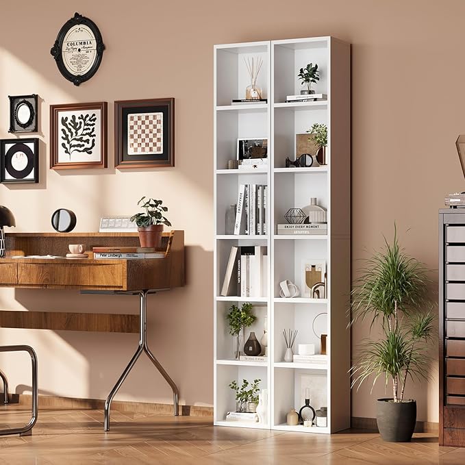 71.5" Tall Bookshelves and Bookcases Set of 2, 6 Tier Display Storage Shelves Home Decor Furniture for Home Office, Living Room, Bed Room (White, 11.8" Narrow)