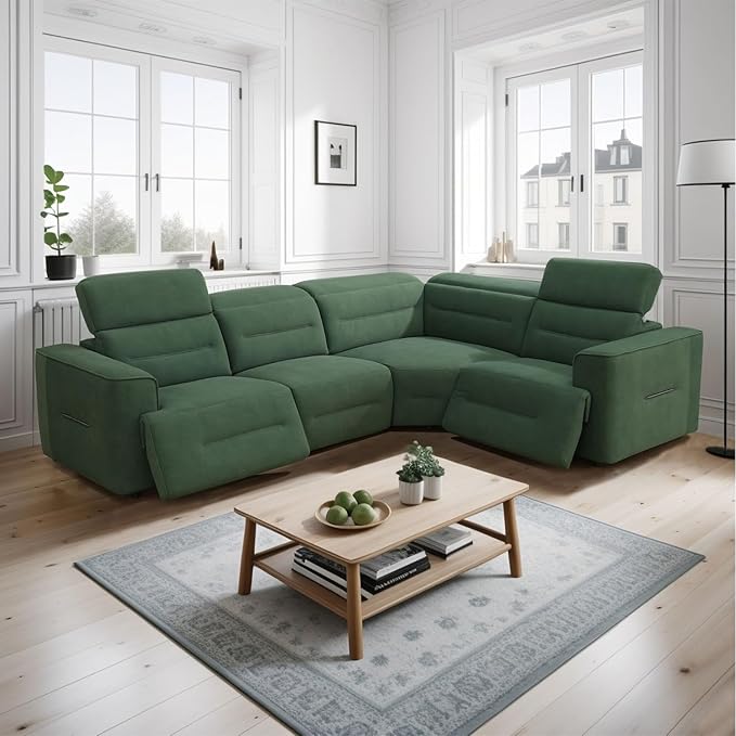 Power Recliner Sectional Sofa, L-Shaped Living Room Furniture Set, Green Flannel Sectional Sofa, Reclining Sectional Couch for Living Room/House/Apt (Green, 4 Seater)
