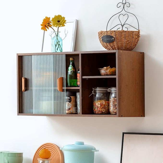 HollyHOME Bamboo Wall Mounted Kitchen Sideboard with 2 Glass Doors and Adjustable Shelves, Freestanding Wall Storage Cabinet with Side Shelf for Bottle, Dish, Bowl, Console Dining Cupboard, Walnut