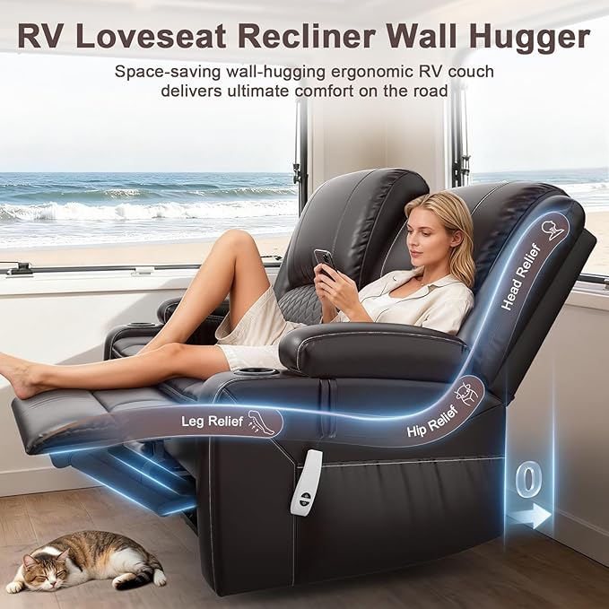 Yolsali Power Reclining Loveseat with Remote Control, Zero Wall Hugger RV Loveseat Recliner Sofa for Living Room with Removable Armrest, 2-Tier Cushions, Hidden Storage & USB Ports, PU Leather Brown