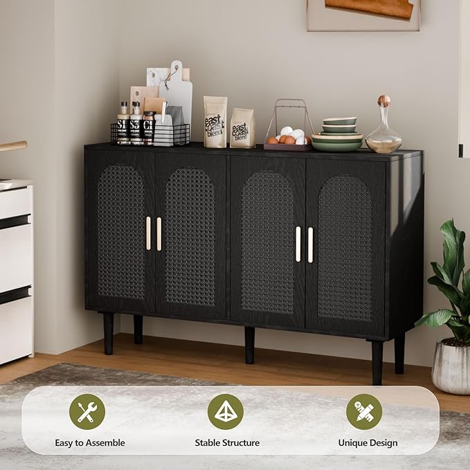 Sideboard Buffet Cabinet with Storage, Retro Rattan Storage Cabinet Kitchen Sideboard Buffet with Artistic Carved Handle for Dining Room Living Room, (Black)