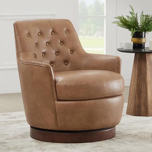 Watson & Whitely Swivel Barrel Accent Chair, Tufted Upholstered Arm Chair for Living Room and Bedroom, Faux Leather in Cognac Brown
