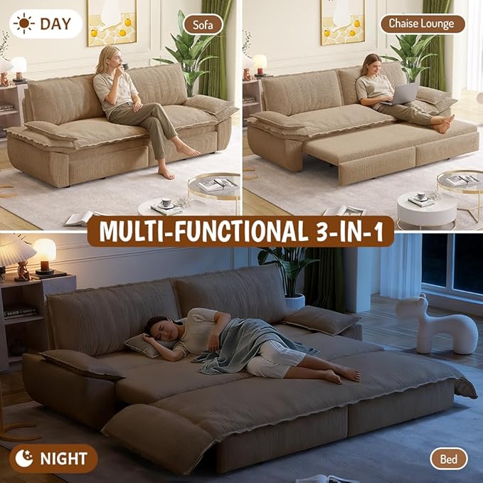 KEIKI 73.2" Luxury Queen Sleeper Sofa Bed, 3-in-1 Convertible Pull Out Couch with Chaise Lounge, Plush Corduroy Cloud Loveseat Sofa for Deep Relaxation Living Room Bedroom Comfort Seating