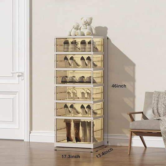Shoe Rack Organizer for Closet Entryway Foldable Sneaker Storage Shoe, Collapsible Shoe Cabinet, Stackable Shoe Storage Cabinet with Lids for Living Room (6 Tiers -12 Pairs Transparent)