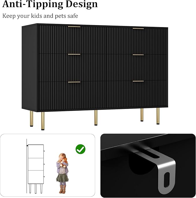 GAOMON 6 Drawer Dresser for Bedroom Chest of Drawers, 47" Wide Fluted Dresser with Drawers, Modern Wooden Double Dressers with Metal Handles for Living Room, Hallway