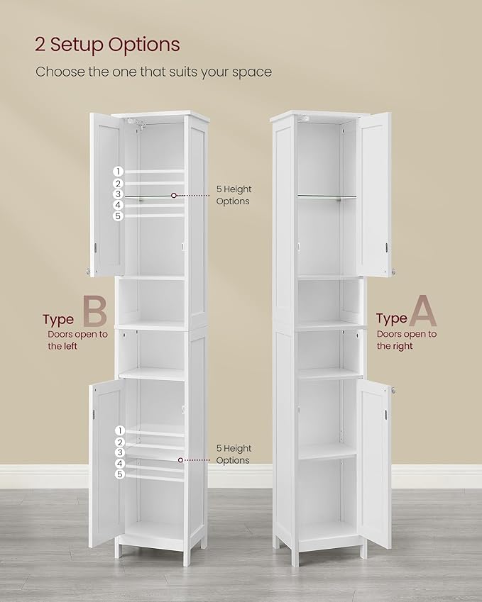 VASAGLE Tall Storage Cabinet with Lights, Slim Freestanding Cabinet with Adjustable Shelves, for Small Spaces, Bathroom, Living Room, Modern, 11.8 Inches Wide, Cloud White UBBC566W02V1