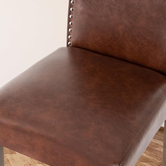 Upholstered Dining Chair Modern Stylish Parsons Kitchen Diner High Back with Silver Nailhead Trim & Wood Legs, Set of 4, PU Leather Light Brown
