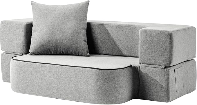 SUYOLS 2-in-1 Folding Sofa Bed with Pillow - Folding Chair Floor Couch & Sleeping Mattress - Washable Cover & Memory Foam Sleeper Chair for Living Room/Guest Room/Apartment/Loft, Light Gray