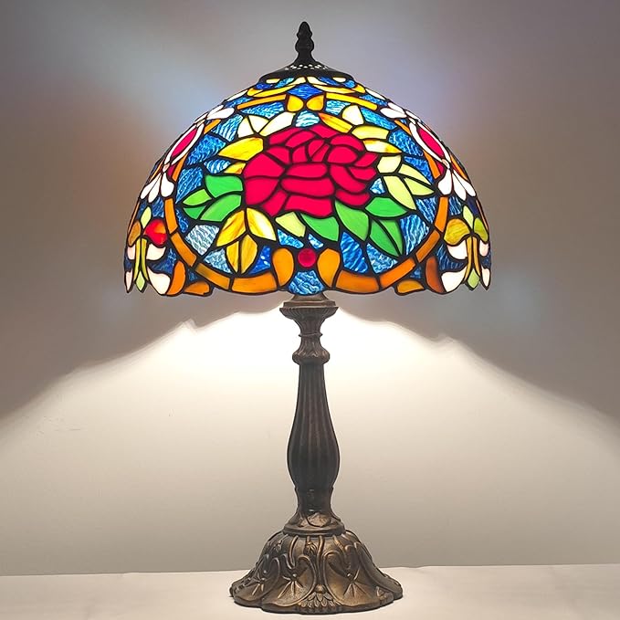 Tiffany 3-Color Stained Glass Lamp - Vintage Beside Reading Lamp, 12 inch Living Room Light, Flowers Style Antique Nightstand Light (Red Roses Heart)