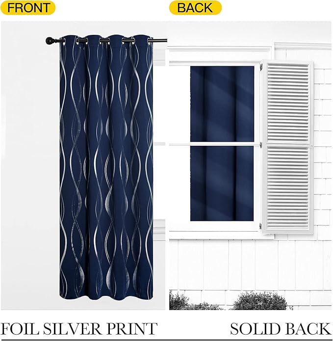 NICETOWN Blackout Curtains 63 inches Long for Bedroom, Thermal Insulated Solid Grommet Top Foil Printed Wave Lines Blackout Panels/Draperies for Boys Kid's Room (Navy, 1 Pair, 42 inch Width)