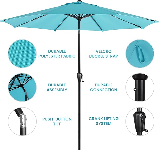 Sun-Ray 9' Round Patio Umbrella with Push-Button Tilt and Hand Crank Lift System, Market Umbrella for Porch, Deck, and Patio