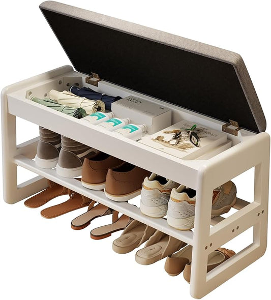 AQIMUELE Shoe Rack Bench,2 Tiers Shoe Bench with Storage with Flip-Top,Wood Shoe Rack for Entryway,Hallway（White Upholstered Seat）