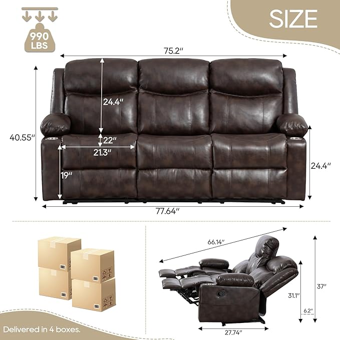Manual Reclining Sofa - 3 Seat Recliner Sofa with Heat & Massage Function, Wall-Hugger Reclining Sofa for Living Room (Brown) | Side Pocket, Cup Holder
