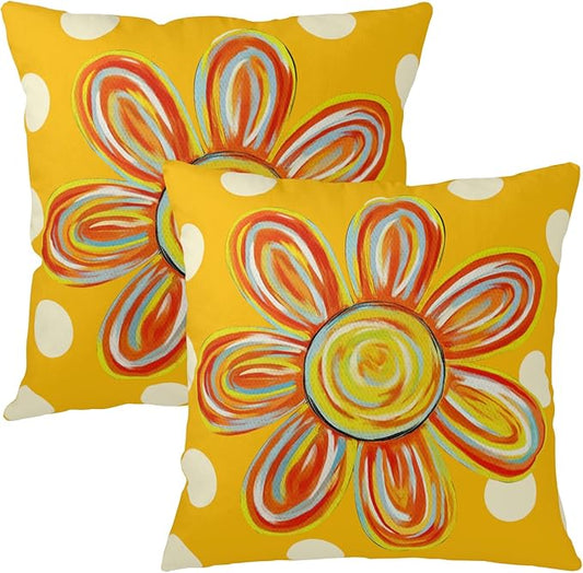 Summer Floral Pillow Covers 24x24 Set of 2 Yellow Daisy Polka Dots Outdoor Throw Pillows Spring Watercolor Flower Farmhouse Pillow Case Seasonal Decoration for Home Sofa Couch Porch