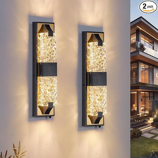 HITTO Dusk to Dawn Outdoor Lighting,18.8'' Porch Lights Outdoor IP65 Waterproof Exterior Lighting Fixtures 12W LED Ripple Crystal Modern Outdoor Light for House, Garage, Door, Patio 2pcs(Black & Gold)