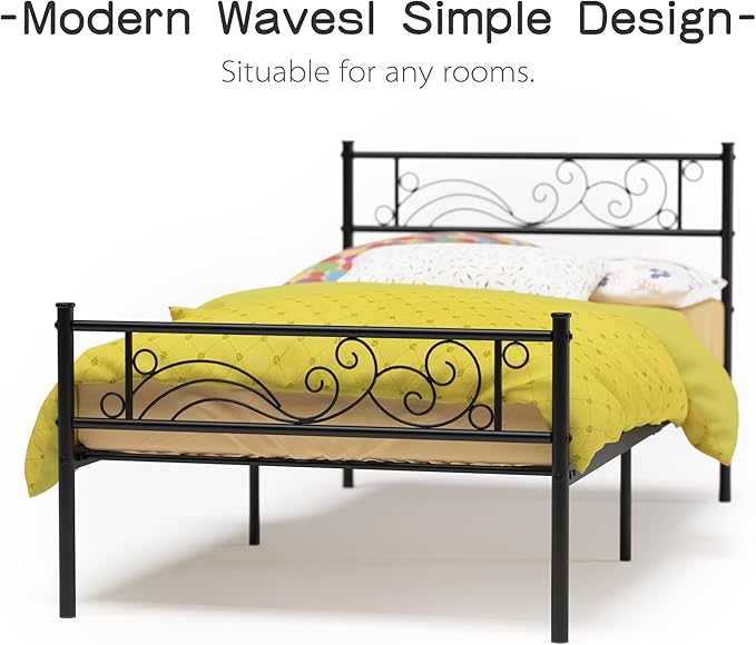 Weehom Metal Twin Bed Platform Frame Heavy Duty Steel Slat Under Bed Storage Bed Frame with Headboard, Black