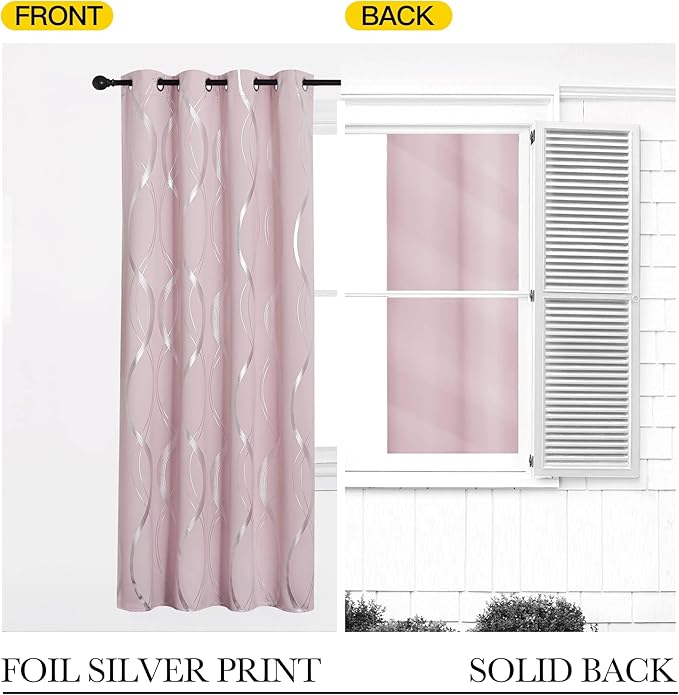 NICETOWN Pink Blackout Curtains Panels for Bedroom, Noise Reducing Thermal Insulated Wave Line Foil Print Design Blackout Curtains for Patio Sliding Glass Door (Lavender Pink, 2 Panels, 52 x 84 Inch)