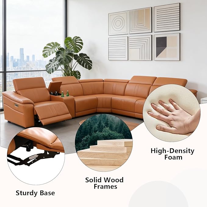 Power Reclining Sectional Sofa for Living Room - Leather Recliner with Console, Cup Holders & USB Ports for Family Movie Nights, Guests, and Everyday Comfort