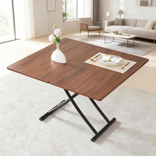 Coffee Table, Rectangle Dining Tables with Adjustable Height, Modern Multifunctional Lift Table with Wooden Surface for Living Room, Apartment, Office, Kitchen or Dining, Black Dark Walnut