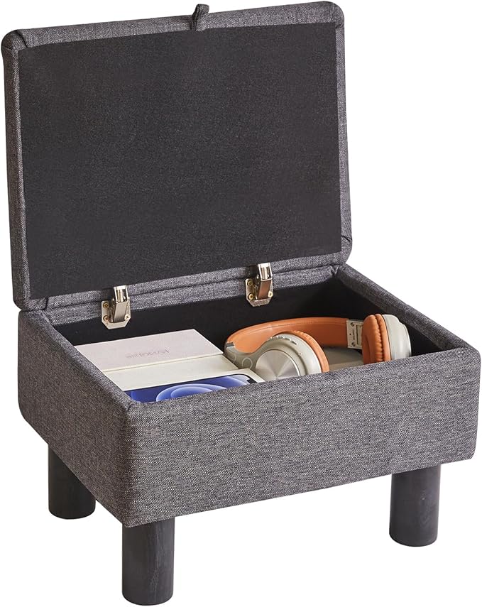 Small Foot Stool Ottoman with Storage, Linen Foot Rest with Wood Legs Safety Hinge Flip Top, Bedside Step Stool Rectangle 16x12x9.5inch for Living Room Bedroom Dark Gray YD-JD1363