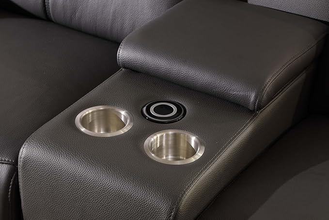 BlackJack Furniture Venice Top Grain Italian Leather Recliner 7 Seater 5 Power Reclining 3 Piece Sofa Set with Adjustable Headrests Modern Seating Sofa, Loveseat and Chair for Living Room, Dark Grey