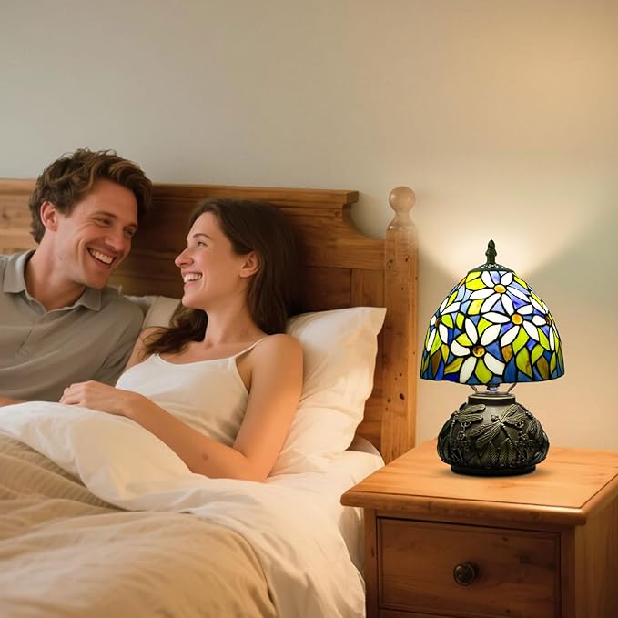 Small Tiffany Table Lamp,Stained Glass Lamp,8 Inch Mushroom Style Mini Vintage Desk Lights for Bedside, Bedroom,Nightstand,Living Room,3 Color Temperature (White Flower)