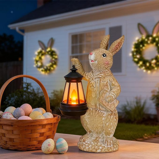 Dr. Bunny Solar Garden Statue, Easter Rabbit Figurine with Glowing Lantern, Handcrafted Resin Outdoor Decor for Patio, Balcony, Yard, Gift for Women, Housewarming, Birthday, Easter Party Decoration