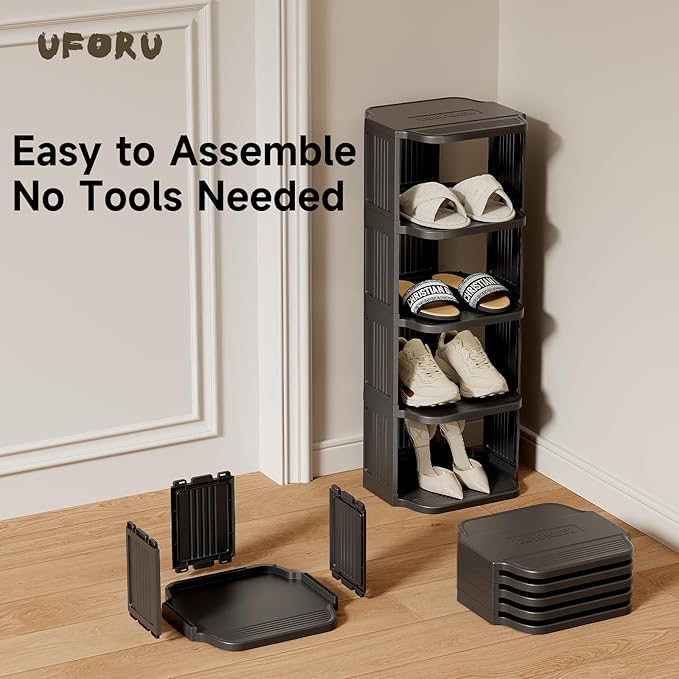 Small Shoe Rack, 7 Tier Plastic Vertical Shoe Rack for Small and Narrow Spaces, Free Standing Shoe Organizer for Closet, Entryway (Black)