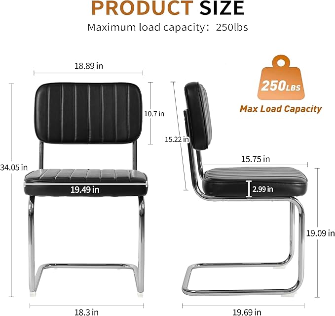 CangLong Faux Leather Dining Chairs Set of 2, Modern Upholstered Dining Room Chairs Armless Accent Chairs with Comfy Seat & Backrest, Black Metal Legs for Living Room, Cafe, Black