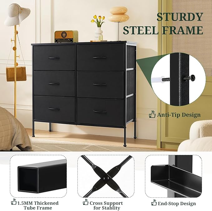 6-Drawer Dresser for Bedroom, Anti-Tip Wide Storage Organizer Chest of Drawers with Wooden Top and Metal Frame Fabric Bins for Closet, Living Room, Hallway, Entryway, Black