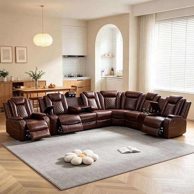 Power Reclining Sectional Sofa for Living Room – Brown Leather Reclining Sectional Couch, Storage Console & Cup Holders with LED Lights, Power Recliner Sofa for Family Use