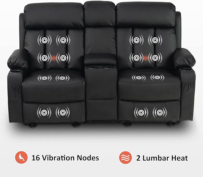 MCombo Loveseat Recliner with Console, Heat and Massage, Power Reclining Sofa for Living Room, Faux Leather 6095 (Black, Loveseat Recliner with Console)