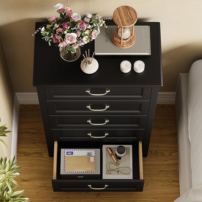Gizoon 5 Drawer Dresser, Black Wood Chest of Drawers for Bedroom, 43.3" Large Capacity Storage Cabinet with Anti-Tip Device, for Clothes, Living Room, Hallway, Office