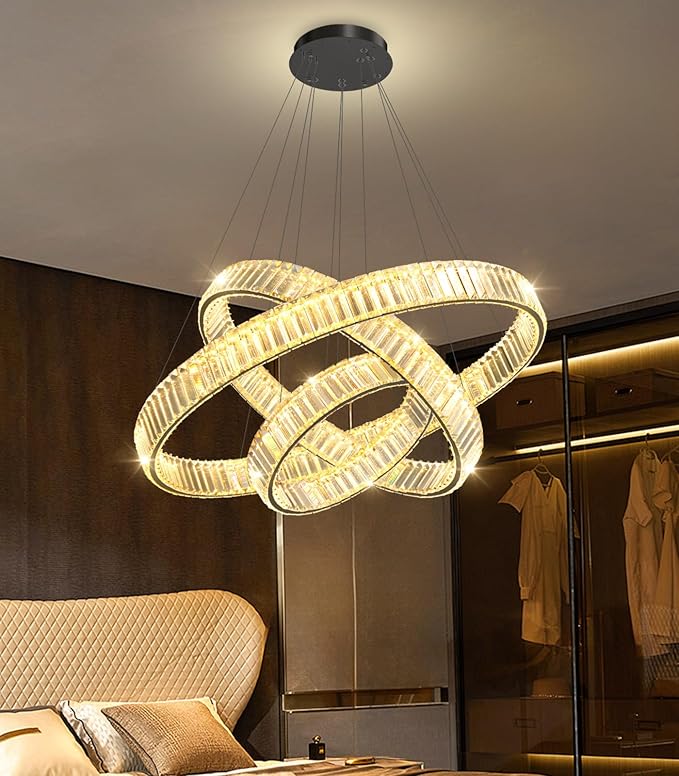 16‘’+24‘’+32'' Modern Ring Chandelier Crystal Chandeliers for Dining Room Round LED Dimmable Ceiling Light Fixture for Living Room Bedroom Lighting Black