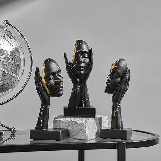 Black and Gold Decor Thinker Statues Set of 3, 7.5" H x 3.1" W Face Sculptures for Coffee Table Bookshelf Office Desk, Modern Abstract Art Sculptures Home Decor Living Room Decorations