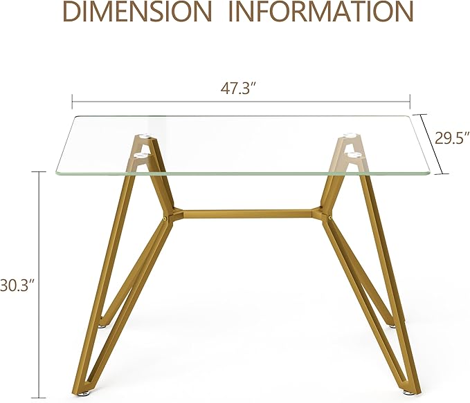 KEIKI 47.3 in Rectangular Glass Dining Table, Suitable for 1-6 People, Modern Style Home Kitchen Dining Table, Equipped with Sturdy Metal Table Legs, Suitable for Dining Room, Living Rooms, Gold