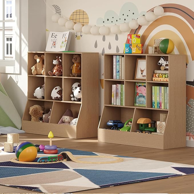 DINZI LVJ Toy Storage Organizer, Kids Bookshelf, Wood Toy Storage Cabinet, 3-Tier 8 Cubby Children Bookcase, 39.4" L Toddler Book Shelf for Playroom, Living Room, Nursery, Hallway, School, Natural
